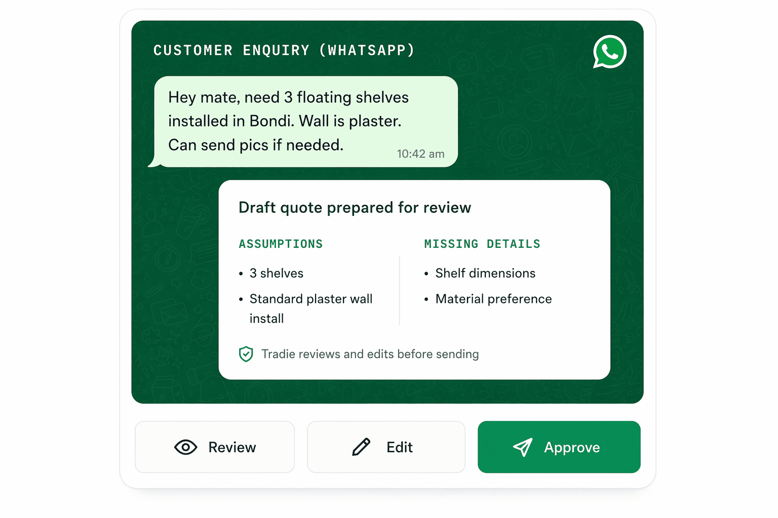 WhatsApp customer enquiry being converted into a draft quote for tradie review
